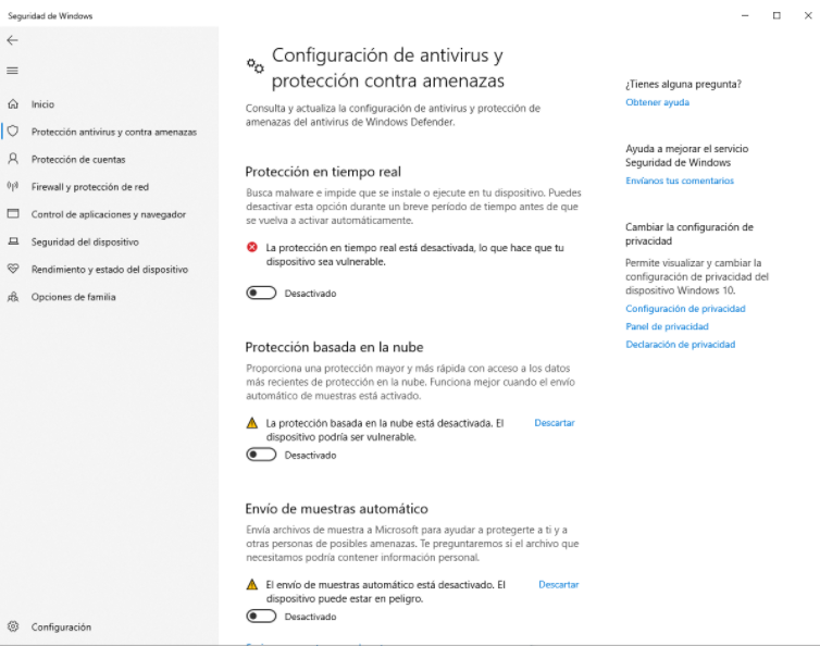 Configuración de antivirus y protecciones en Windows 10  - Admira
