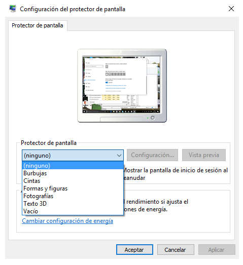 Configuración del protector de pantalla - Admira