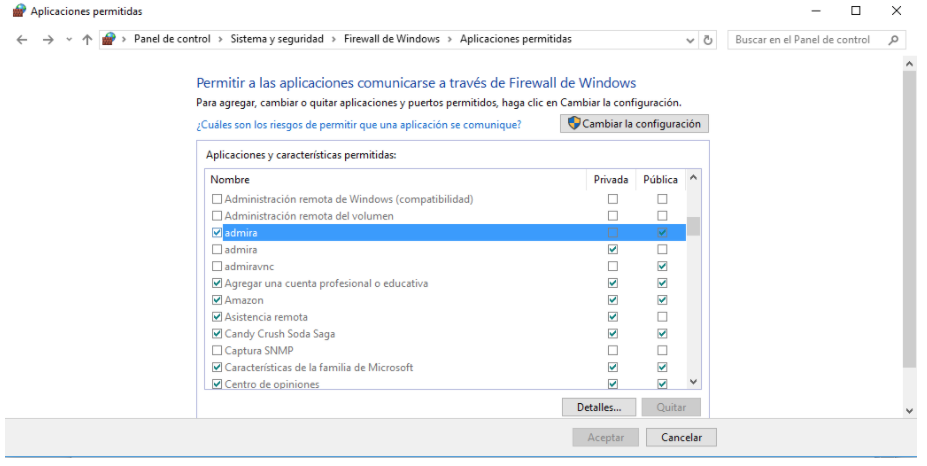 Permitir a las aplicaciones comunicarse a través de Firewall de Windows - Admira