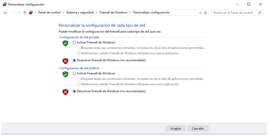 Desactivar Firewall - Admira